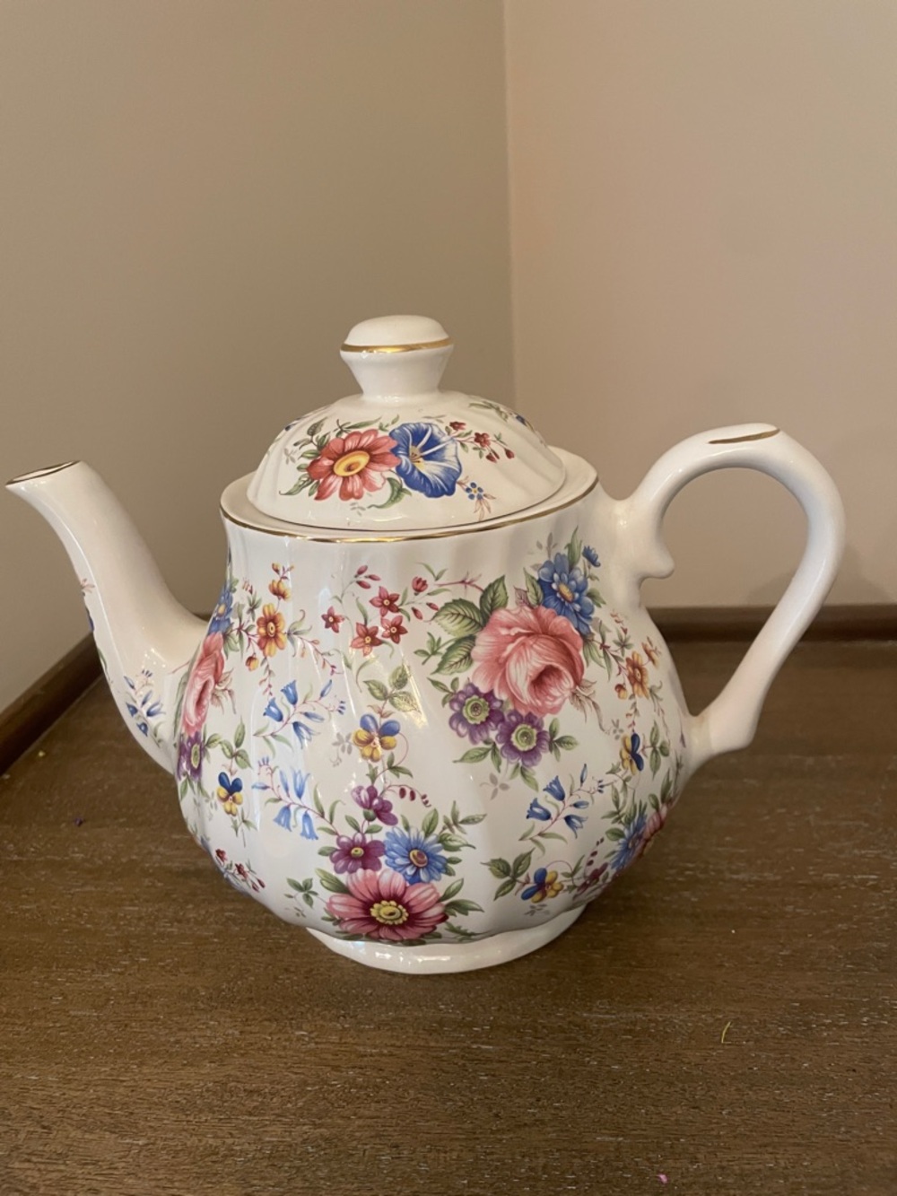 White Porcelain Floral Teapot with Pink & Blue Flower Design